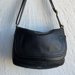 Fossil Black Leather Peyton Double Flap Organizer Crossbody Bag Shoulder…
